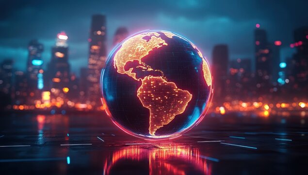Glowing holographic globe of the Americas hovering over wet reflective pavement with neon city skyline and bokeh lights at night, futuristic and awe-inspiring atmosphere - Powered by Adobe
