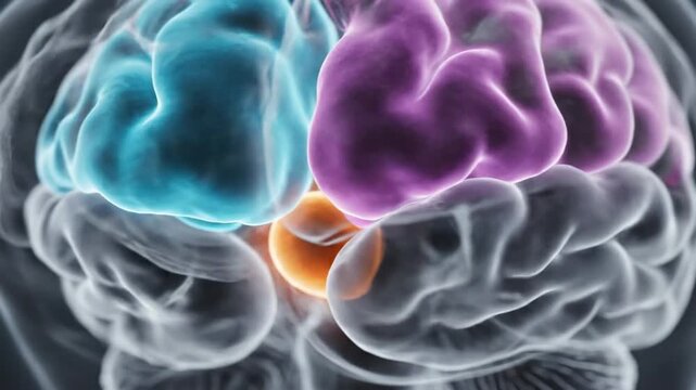 3D rendering of human brain with highlighted basal ganglia and zooming camera