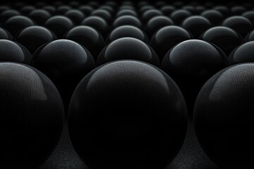 rows of glossy textured black spheres in a repeating grid under moody low light, reflective surfaces and deep perspective conveying a mysterious contemplative abstract scene