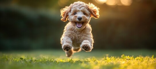 Joyful fluffy puppy leaping toward camera across sunlit grass with ears flying and tongue out, playful energetic expression in warm golden light