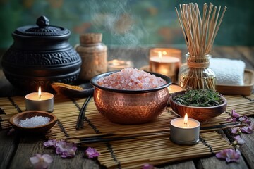 Calming spa scene with steaming copper bowl of pink salt, lit tealight candles, incense sticks in a glass jar, wooden bowls of herbs and salt, bamboo mat, towel and scattered flower petals