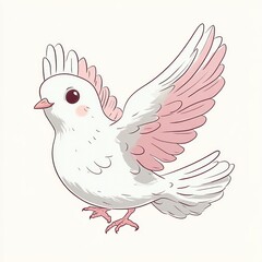 cute white dove with pink-tinted wings and rosy cheeks spreading its wings in a joyful playful pose
