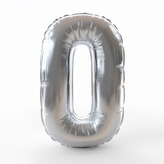 shiny silver foil balloon shaped like the number zero on a clean white background, glossy reflective surface evoking a festive minimalist celebration