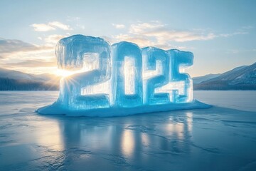 glowing ice numbers 2025 sculpted on a frozen lake at sunrise with sunburst through translucent ice, mountains and clouds reflected on glassy ice, peaceful hopeful morning