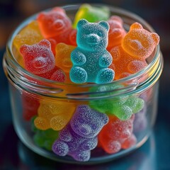 close-up of colorful sugar-coated gummy bear candies piled inside a glass jar, playful and inviting