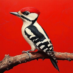 Black and white woodpecker with patterned wings perched on a gnarled branch against a vivid cracked red background conveying calm solitary stillness