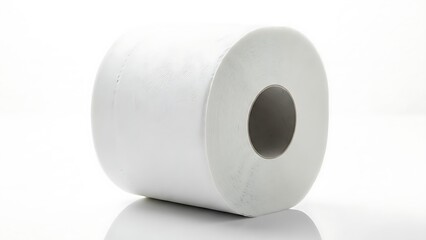 A close-up view of a single roll of white toilet paper, positioned on a clean and shiny surface, set against a plain white background, emphasizing its simplicity and hygiene.
