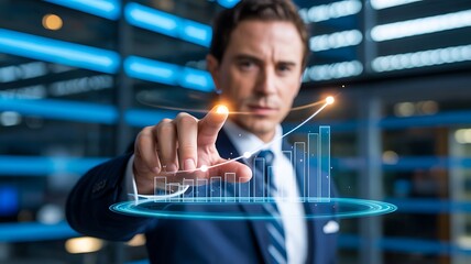 Businessman using digital hologram interface in modern office