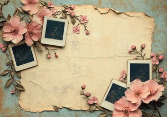 torn aged paper sheet surrounded by blank instant photo frames, pink blossom branches and buds on a teal textured background, nostalgic romantic mood