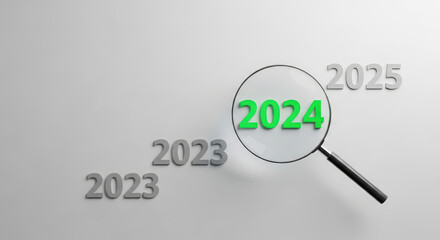 Focusing on Year 2024 with Magnifying Glass Future Plan Timeline Anticipation Forecasting Forecast Aim Achievement Target Strategy Goal Objective