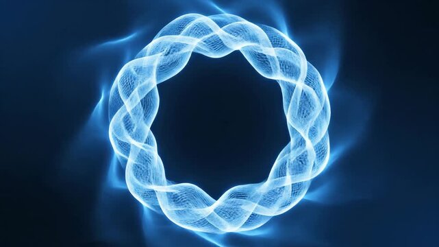 Abstract blue wireframe ring rotating on dark background technology concept