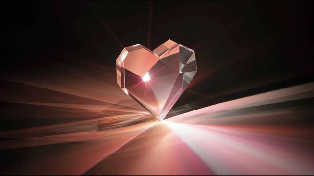 Prism heart with pink glow and sharp refraction, crystal glass sculpture dark background, radiant beam and gentle sparkle create romantic mood and modern minimal style, abstract geometric facet