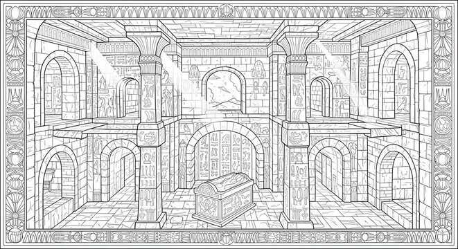 Ancient Crypt Interior with Stone Sarcophagus and Architectural Columns