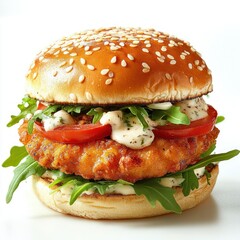 Crispy chicken burger with sesame seed bun, tomato slices, arugula and creamy sauce on white background, fresh and appetizing