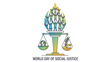 Social justice concept illustration with people standing on scales balancing earth and plant, world day of social justice theme, equality and activism symbol