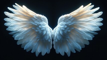 Fototapeta premium luminous white feathered wings spread symmetrically against a dark background, evoking a serene and ethereal heavenly mood
