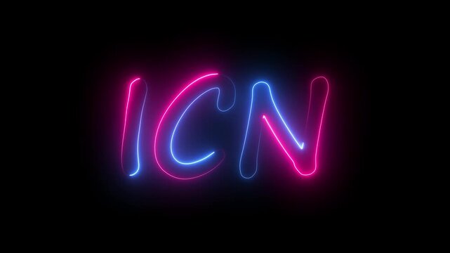flickering neon ICN text animation. neon sign that flickers and glows with ICN