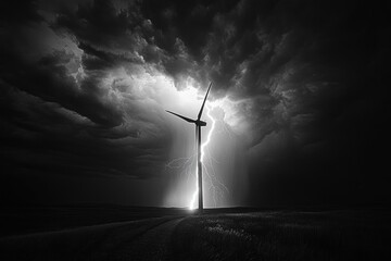 Wind turbine silhouetted against a lightning strike under swirling storm clouds over a dark grassy field, dramatic and ominous atmosphere