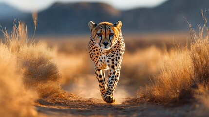 determined cheetah walking along a dusty path through dry golden grass with an intense gaze in warm low sunlight and blurred distant hills