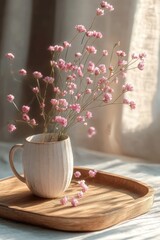 delicate pink blossoms arranged in a ceramic mug on a wooden tray with soft sunlight and a curtain backdrop, evoking a serene cozy still life