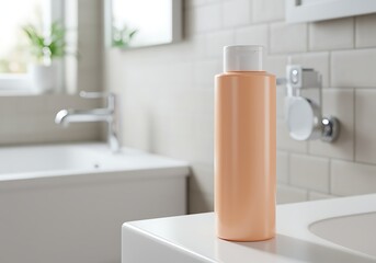 Peach colored plastic bottle on bathroom sink counter top near white bathtub