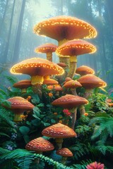 Cluster of oversized glowing orange mushrooms with twinkling edges rising among ferns and colorful wildflowers in a misty forest, evoking enchanted wonder and serene magic