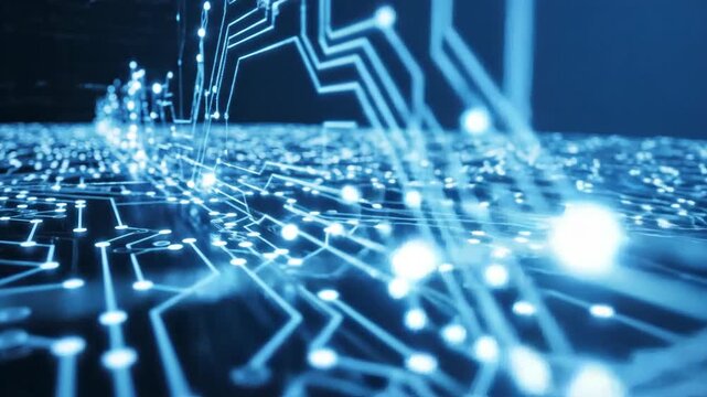 Abstract circuit board illustration with blue lines and glowing details