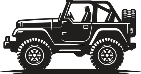 Off road jeep silhouette illustration, rugged 4x4 adventure vehicle, black offroad car icon, outdoor travel vector isolated white background © Bokul Creatives