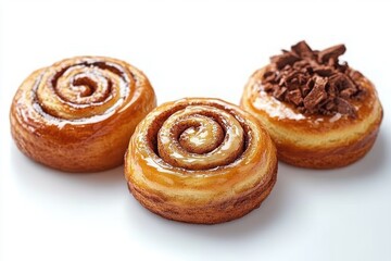 Fototapeta premium Three golden glazed cinnamon swirl pastries, two classic spiral buns and one topped with chocolate shavings, glossy and inviting homemade indulgence