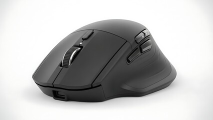 A high-quality image of a modern computer mouse with a sleek and ergonomic design, set against a clean white background, showcasing its detailed features and precision engineering.