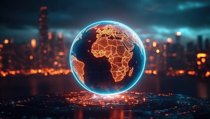 Glowing holographic globe displaying Africa and surrounding continents, neon orange circuitry map with a blue halo hovering above a lit futuristic cityscape, evoking high-tech wonder