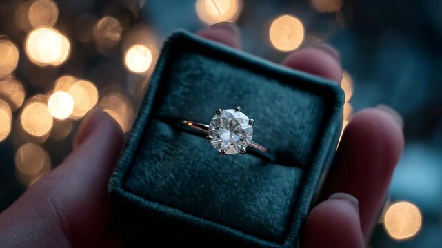 Presenting Elegant Solitaire Ring in Velvet Box with Soft Evening Lights Creating Romantic Atmosphere