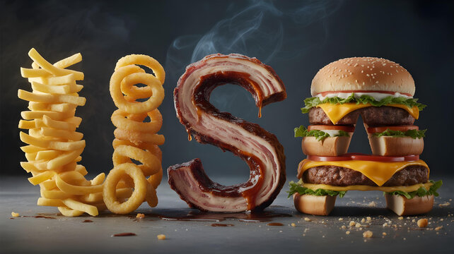 Union rings and fries in U, Meat in S, Humburger in A, A cinematic macro composition where the word &ldquo;USA&rdquo; is crafted entirely from iconic American foods, styled as bold food typography.
