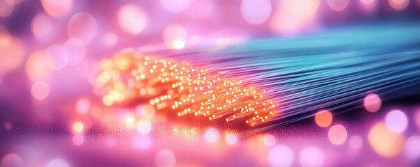 Close-up of glowing fiber optic cable ends emitting warm orange light against soft pink and purple bokeh background, evoking a dreamy futuristic and energetic mood