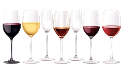 Assortment of six different wine glasses showcasing various red white and empty styles perfect for beverage tasting events on transparent background