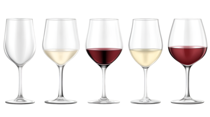 Five crystal wine glasses showcasing various stages of tasting from empty to full red and white wine pours on transparent background