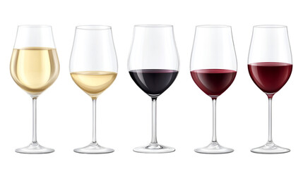 Row of five elegant wine glasses displaying various shades of white and rich red wine ready for tasting on transparent background