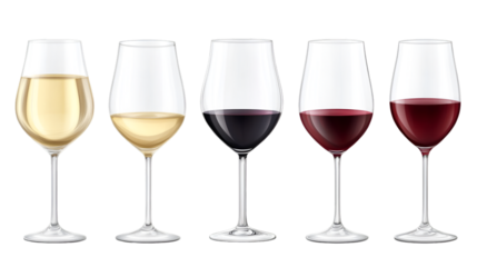 Row of five elegant wine glasses displaying various shades of white and rich red wine ready for tasting on transparent background