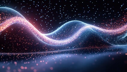 Mesmerizing undulating ribbons of glowing particles and star-like sparks over a dark reflective field, serene futuristic energy waves