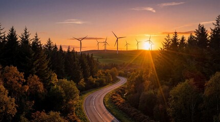 Obraz premium Wind Turbines on a Hilltop at Sunset Over a Forested Landscape with a Winding Road.