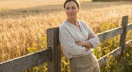 Woman Contemplating Nature. Peace. Wheat Field. Golden Light.