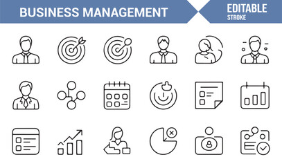 Business management outline icons set for productivity and planning