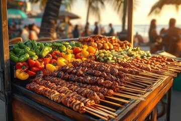 Rows of grilled meat skewers with colorful bell peppers and cubed vegetables on a seaside barbecue stall at sunset with palm trees and a blurred lively beach crowd, warm atmosphere