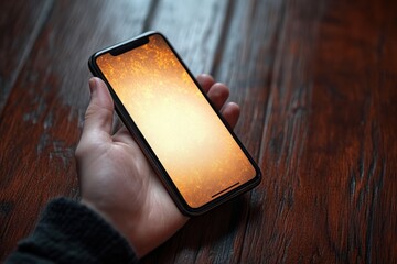 hand holding smartphone with warm glowing orange screen above dark wooden table conveying cozy reflective mood