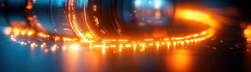Fototapeta premium Close-up of a camera lens barrel and glass elements encircled by glowing orange LED ring lights on a reflective surface, futuristic and dramatic mood