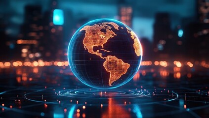 Holographic glowing globe of Earth with illuminated continents and blue grid rings hovering above a reflective surface against a blurred neon city skyline, evoking futuristic wonder