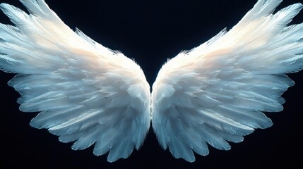 Pair of luminous white feathered wings spread symmetrically against a dark background, ethereal and serene