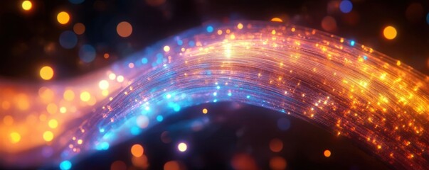 glowing curved fiber-optic ribbon of blue and orange lights with sparkling particles and bokeh on dark background, evoking futuristic energy and motion