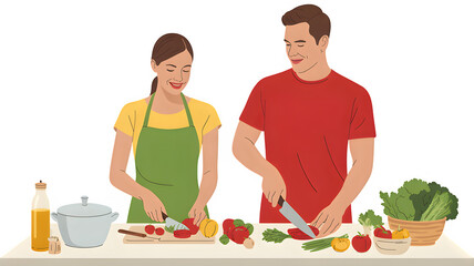 Happy Couple Cooking Together Chopping Vegetables in the Kitchen Illustration