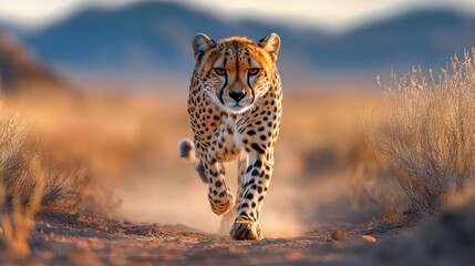 Determined cheetah sprinting toward camera across a dusty arid plain with focused stare, golden light, sparse shrubs and powerful motion